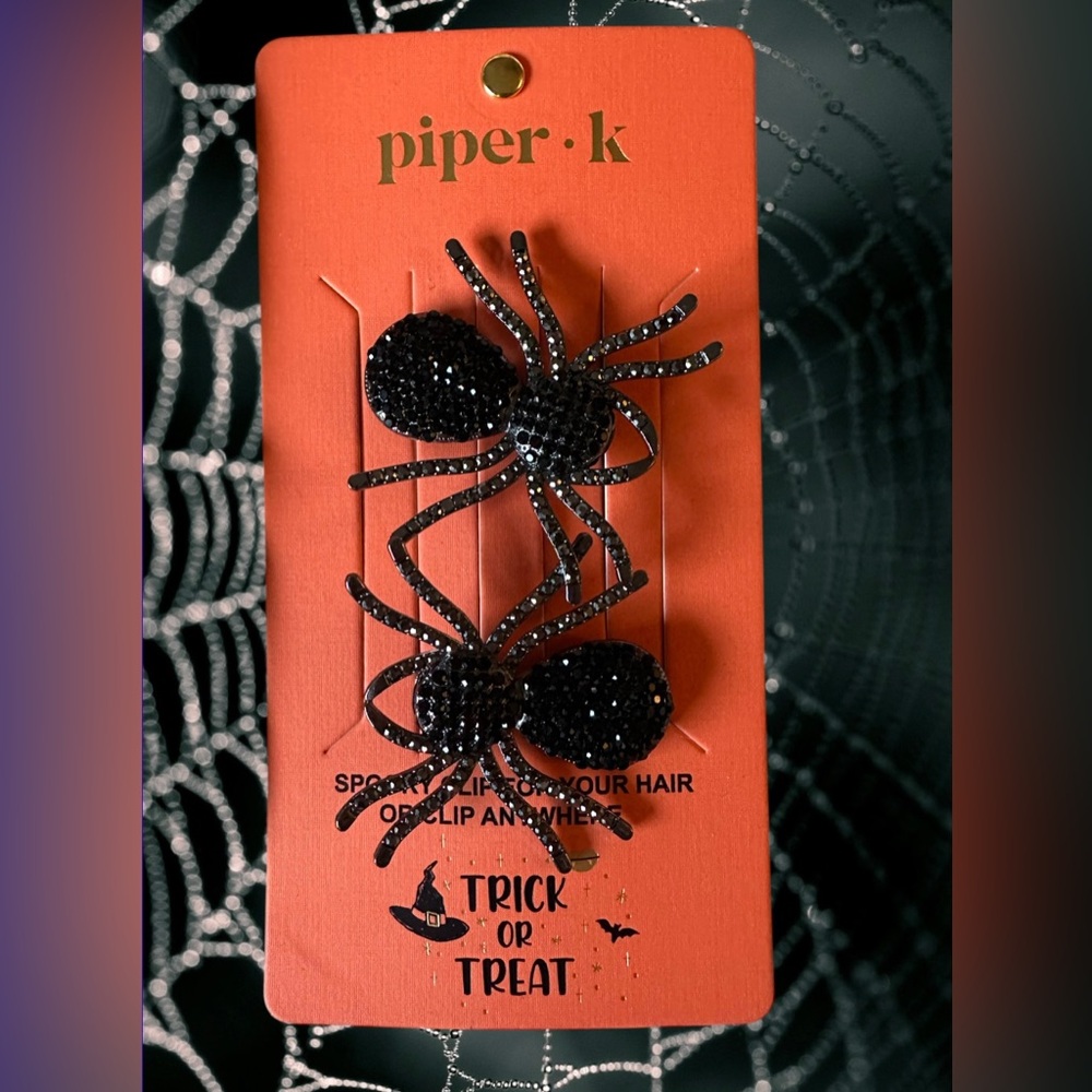 Piper K Gunmetal & Rhinestone Spider Hair Clips - Halloween NWT